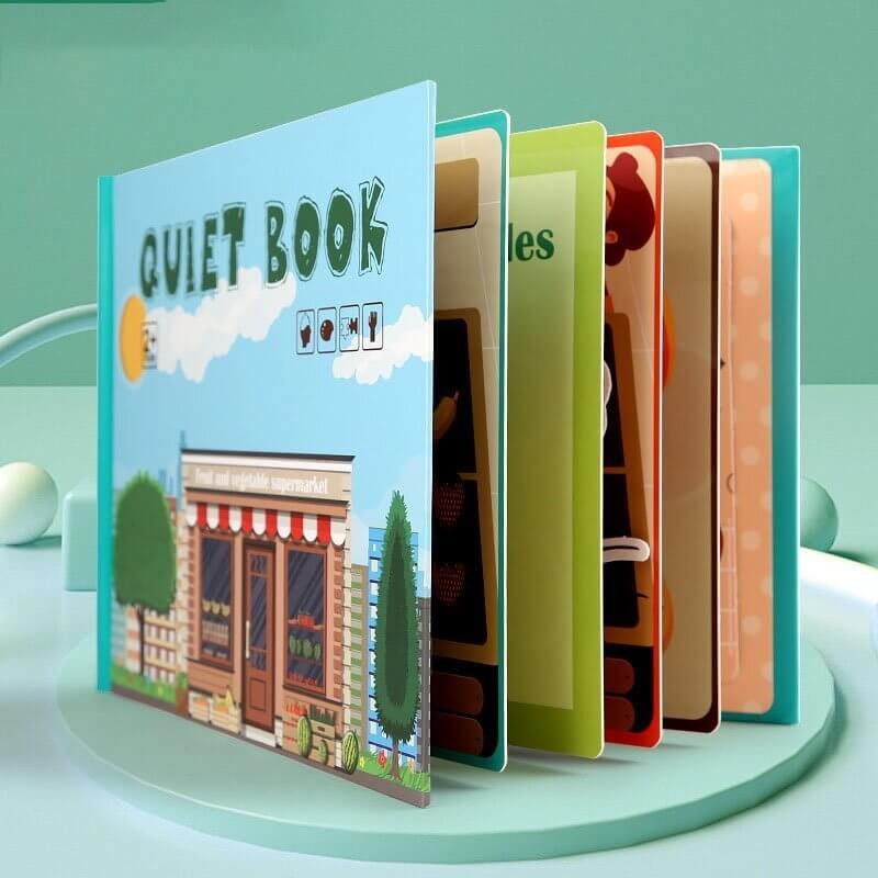 Interactief leerboek voor peuters met klittenband-opdrachten en opbergzakje.