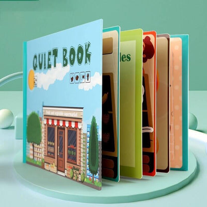 Interactief leerboek voor peuters met klittenband-opdrachten en opbergzakje.
