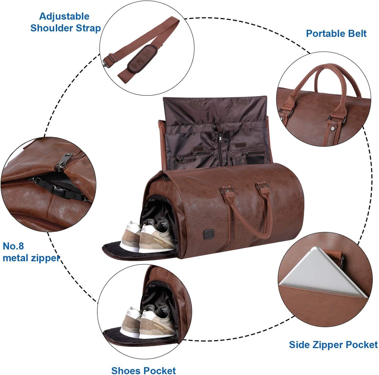 Verstelbare PU Leren Kleding Reistas – Handbagage Weekend Reistas
