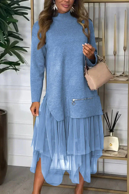 Casual Jurk Met Lange Mouwen En Mesh Rok – Ysolde