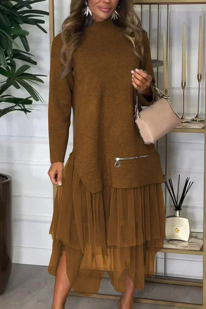 Casual Jurk Met Lange Mouwen En Mesh Rok – Ysolde