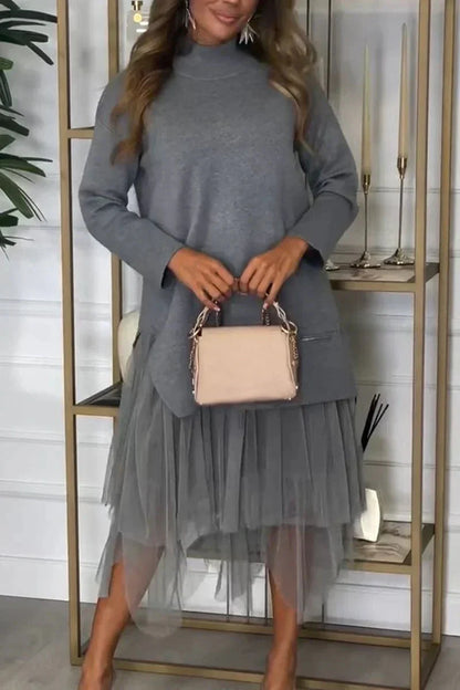 Casual Jurk Met Lange Mouwen En Mesh Rok – Ysolde