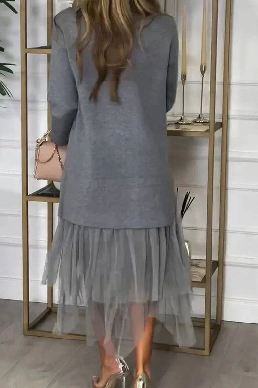 Casual Jurk Met Lange Mouwen En Mesh Rok – Ysolde