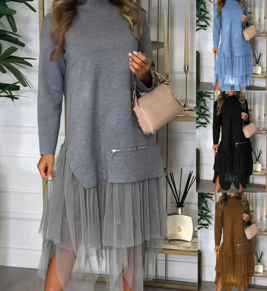 Casual Jurk Met Lange Mouwen En Mesh Rok – Ysolde