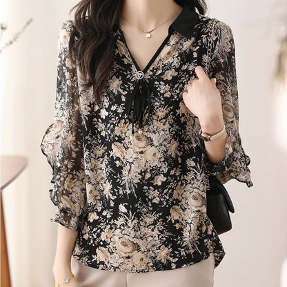 Bloemige Zwarte Blouse met Kraag voor Dames - Noëlle