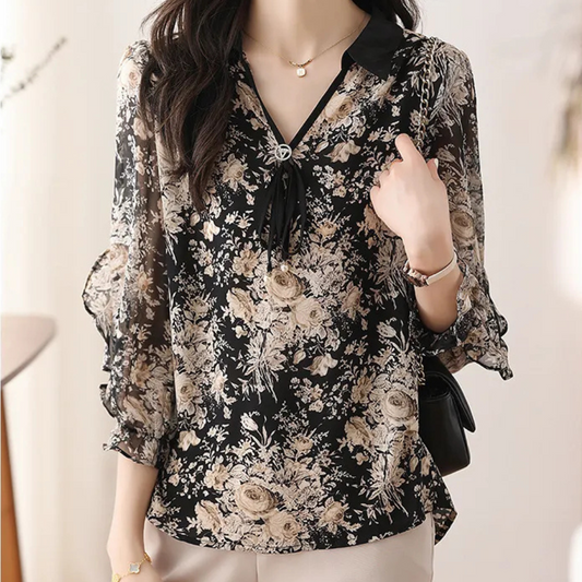 Bloemige Zwarte Blouse met Kraag voor Dames - Noëlle