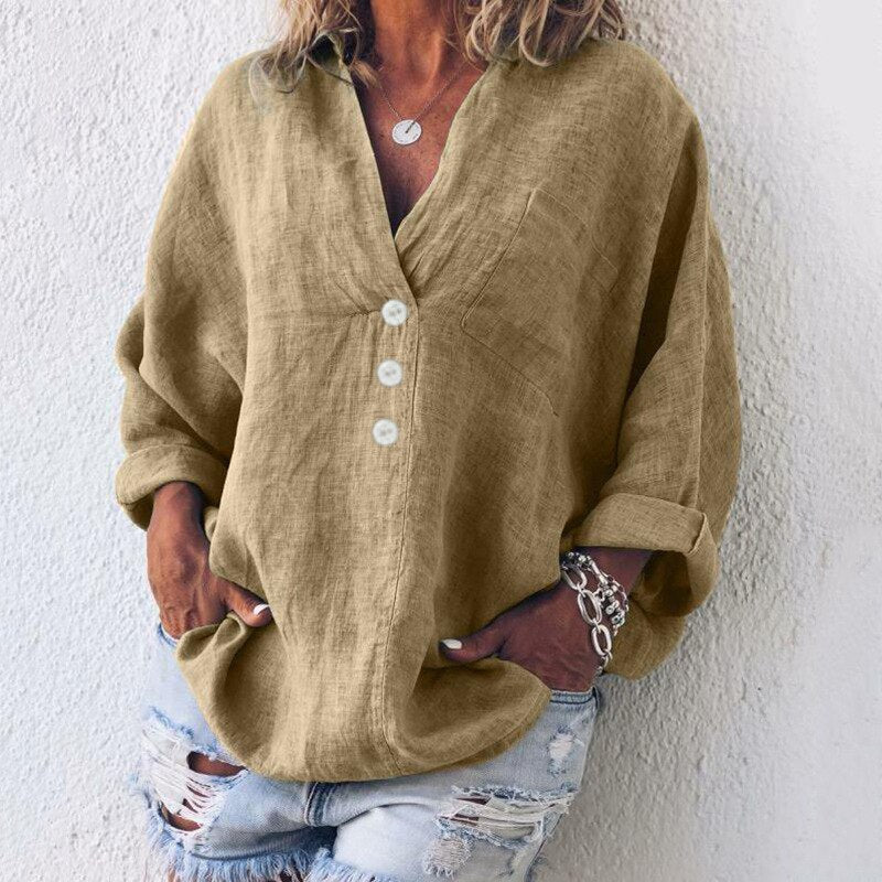 Luchtige Dames Linnen Blouse met Knoopjes en V-hals – Elodie