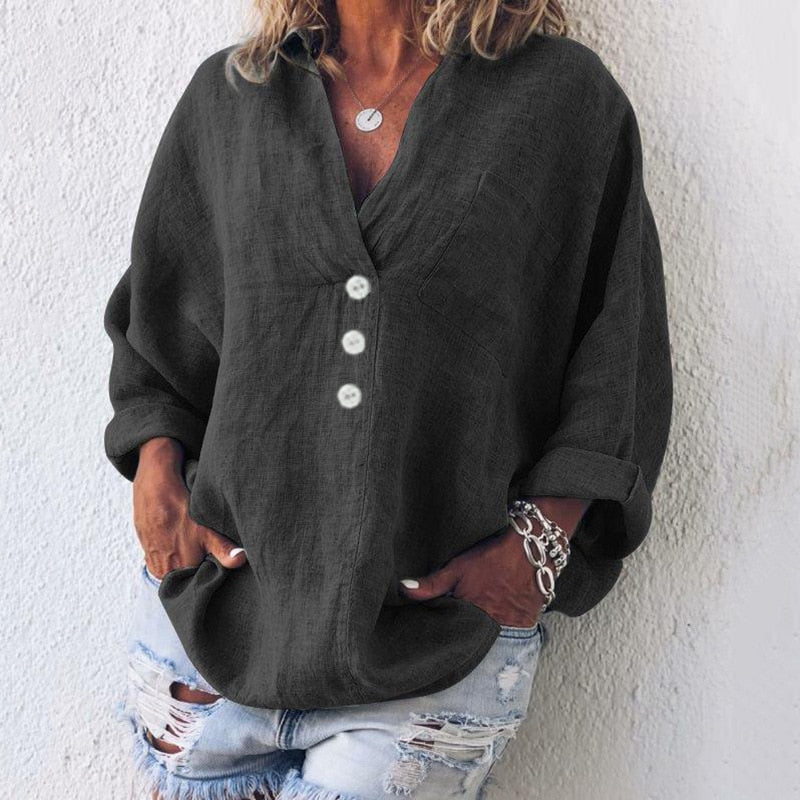 Luchtige Dames Linnen Blouse met Knoopjes en V-hals – Elodie