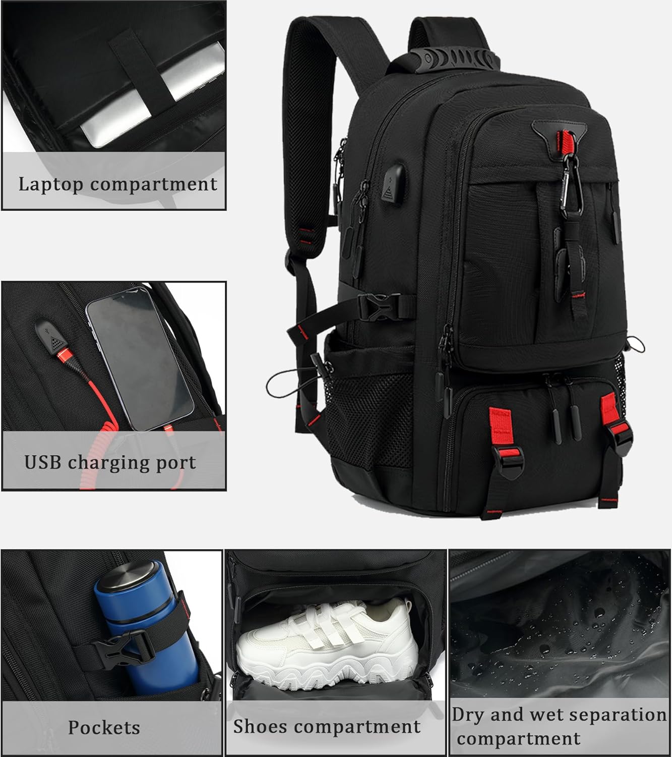 60L Waterdichte Laptoprugzak met USB Poort & Schoenvak