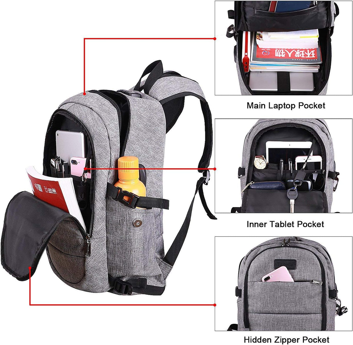 Extra Grote Anti-Diefstal Laptop- en Reisrugzak met USB-poort - 30–50L