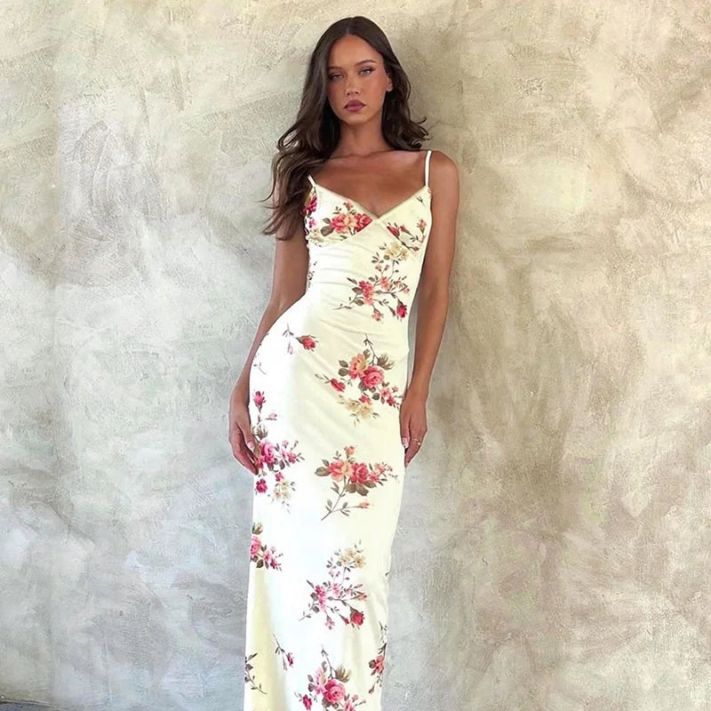 Bloemrijke zomer maxi jurk met V-hals en spaghettibandjes - Alina
