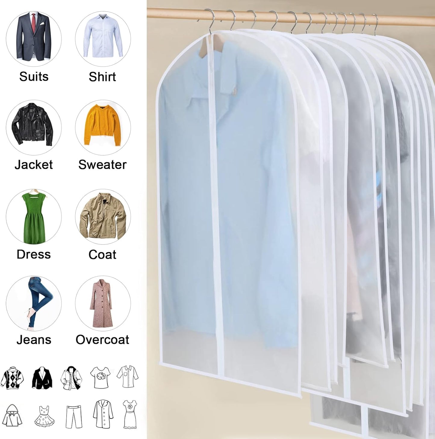 PEVA kledinghoezen set – 24 hangende kledinghoezen in 3 maten