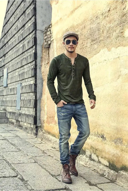 Heren Casual Henley Shirt Lange Mouwen