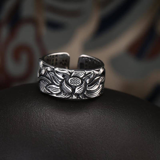 Zilveren Lotusbloem Boeddhistische Sutra Ring