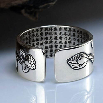Zilveren Lotusbloem Boeddhistische Sutra Ring