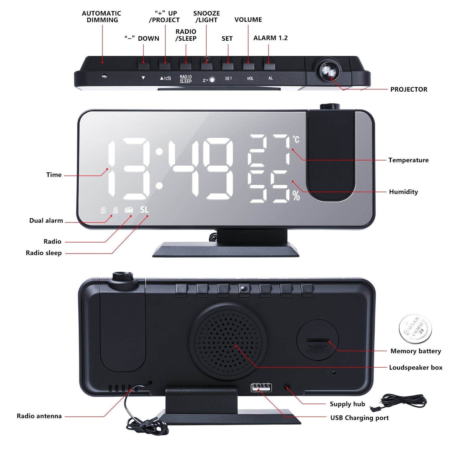 GardenFeel™ Astronatic™ | De Beste Alarmklok met LED Scherm - 180° Projector - USB lader